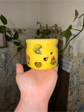 Yellow Ceramic Mushroom Heart Cutout Candle Holder
